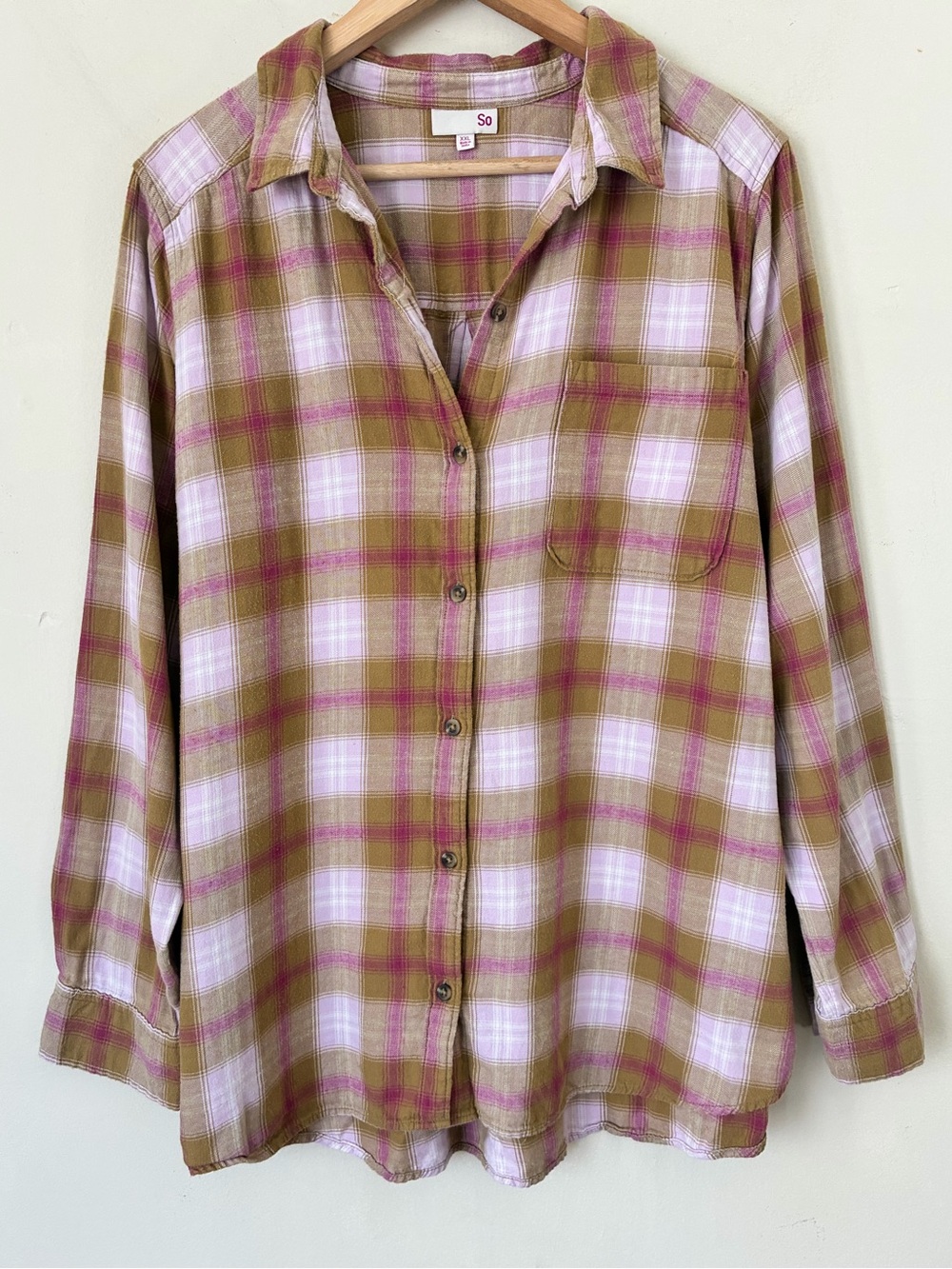 So XXL Plaid Flannel Shirt Cotton Long Sleeve Button Down Pink Fall Minimaliat